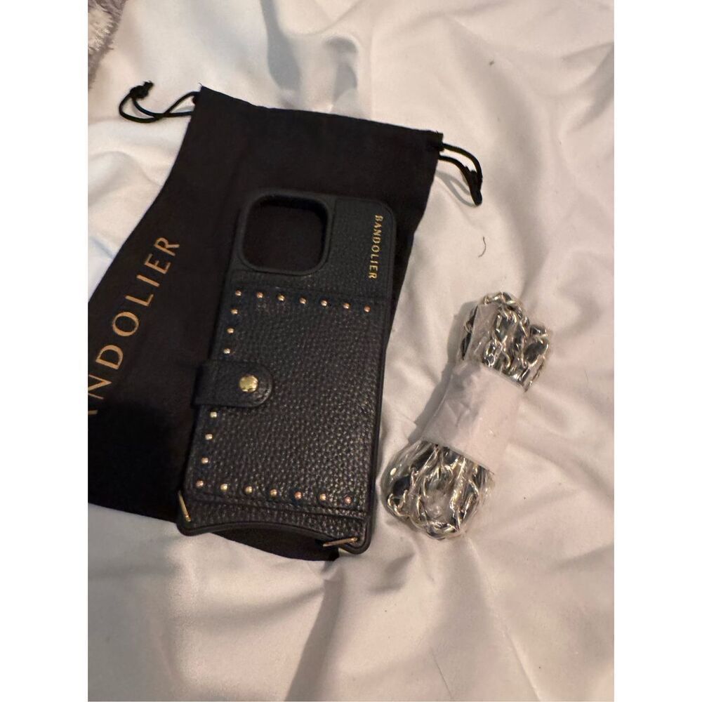 Bandolier annie black leather studded crossbody MagSafe wallet case + chain stra